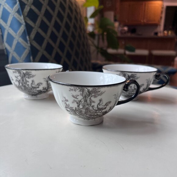 3 Aux Au Provence French Country Black and white Teacups with chickens/rabbit - Picture 1 of 15